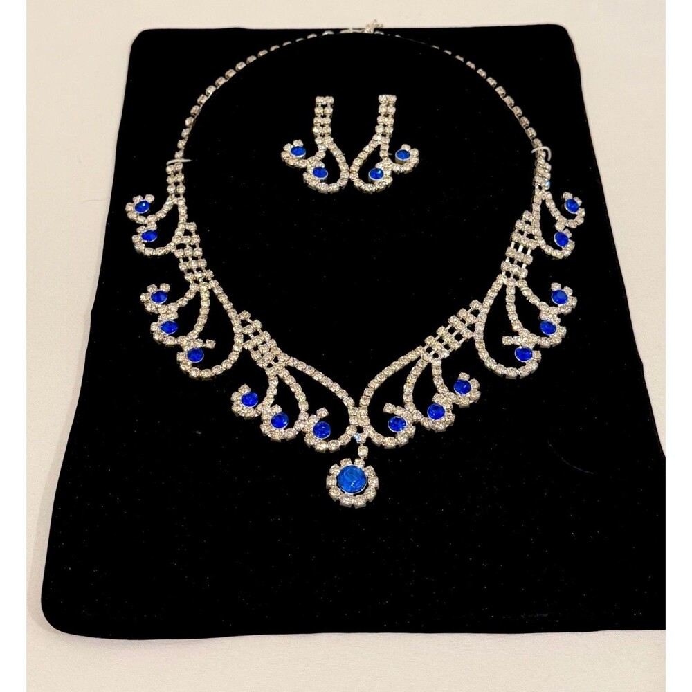 Silver-Tone & Sapphire Blue Rhinestone Statement Necklace & Earring Jewelry Set - Picture 3 of 4